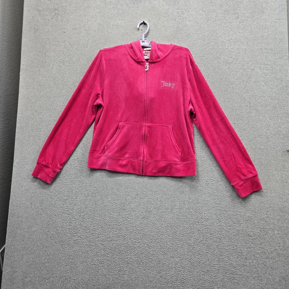 Juicy Couture Women Hoodie L Pink Logo Rhinestones Bling Velour Full Zip Pockets
